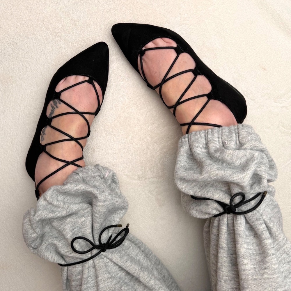 Nine West Sign Me Up Ballet Flats Lace Up Pointed Toe Ankle Wrap Black Edgy 9M